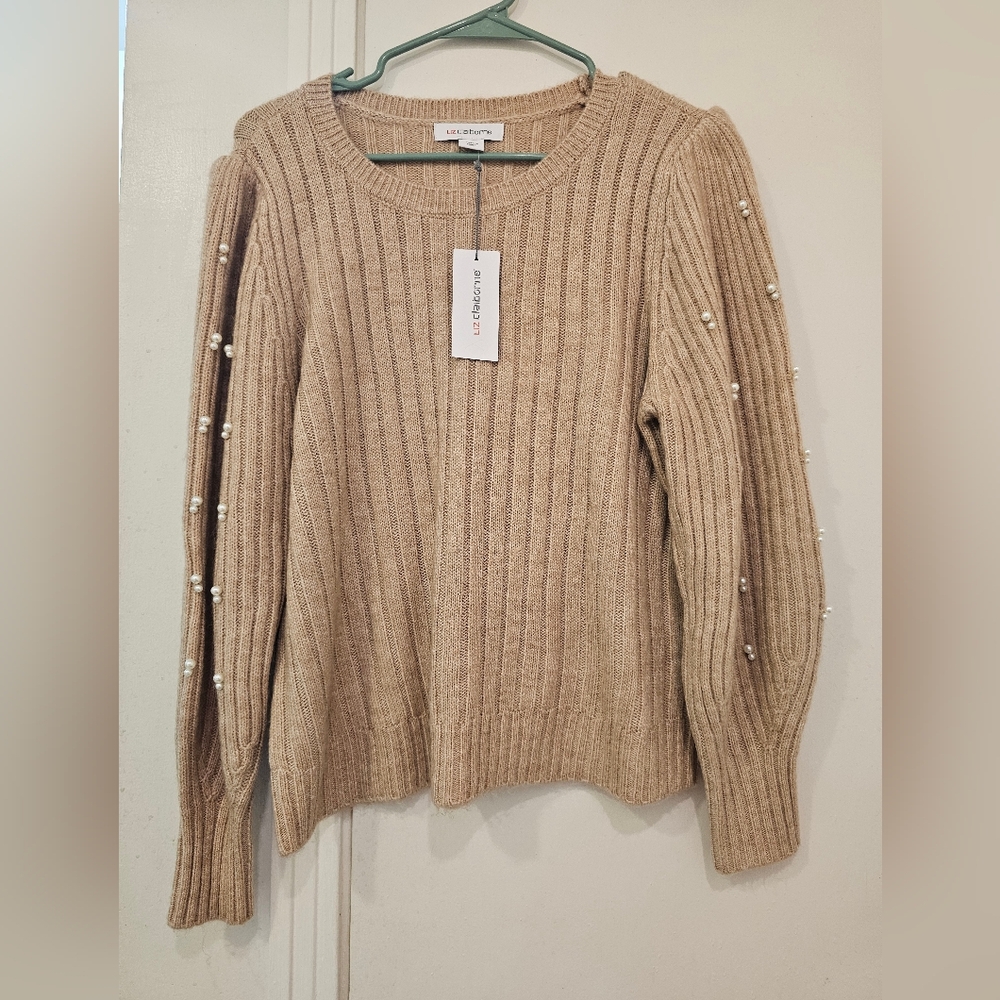 Liz Claiborne Women’s Tan Sweater with Pearl Sleeve Details – Size Large NWT